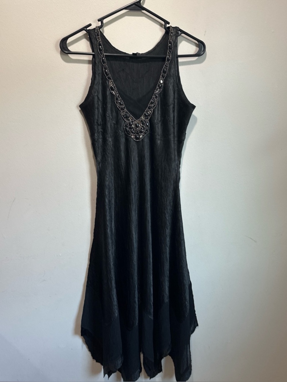 Komarov Black Sleeveless Asymmetrical V-Neck Dress with Beaded Trim
